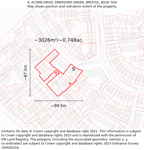 9, ACORN DRIVE, EMERSONS GREEN, BRISTOL, BS16 7HQ: Plot and title map