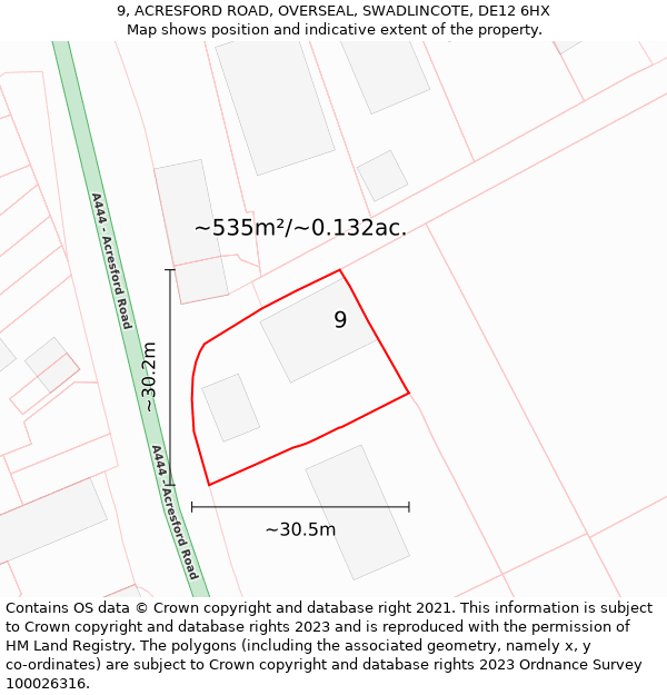 9, ACRESFORD ROAD, OVERSEAL, SWADLINCOTE, DE12 6HX: Plot and title map