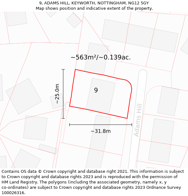 9, ADAMS HILL, KEYWORTH, NOTTINGHAM, NG12 5GY: Plot and title map