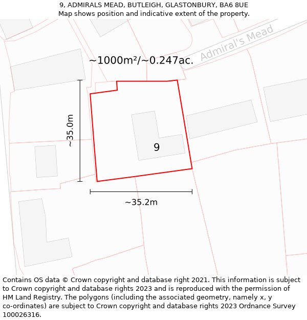 9, ADMIRALS MEAD, BUTLEIGH, GLASTONBURY, BA6 8UE: Plot and title map