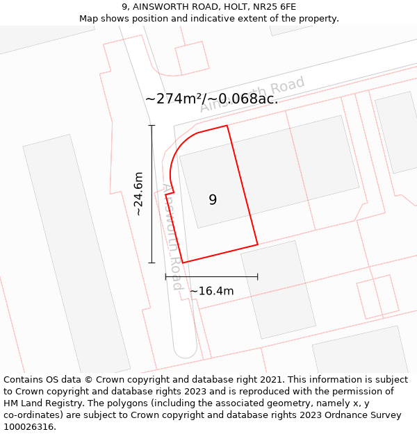 9, AINSWORTH ROAD, HOLT, NR25 6FE: Plot and title map