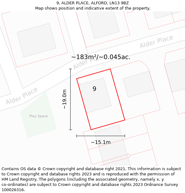 9, ALDER PLACE, ALFORD, LN13 9BZ: Plot and title map