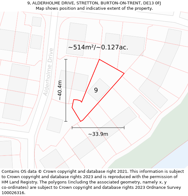 9, ALDERHOLME DRIVE, STRETTON, BURTON-ON-TRENT, DE13 0FJ: Plot and title map