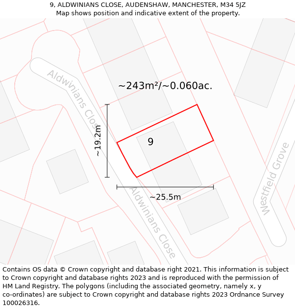 9, ALDWINIANS CLOSE, AUDENSHAW, MANCHESTER, M34 5JZ: Plot and title map