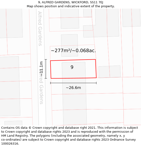 9, ALFRED GARDENS, WICKFORD, SS11 7EJ: Plot and title map