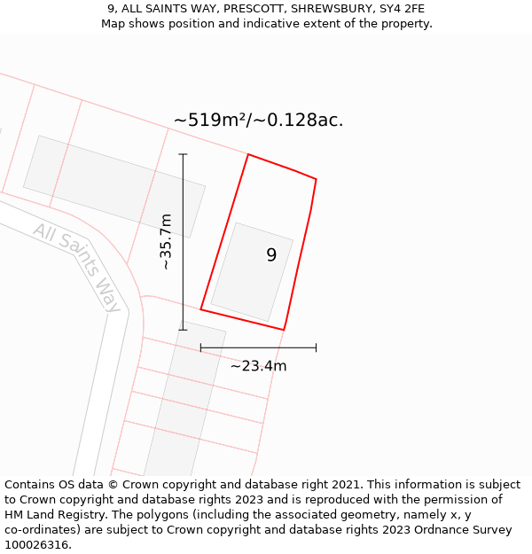 9, ALL SAINTS WAY, PRESCOTT, SHREWSBURY, SY4 2FE: Plot and title map