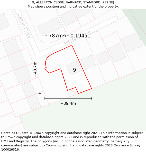 9, ALLERTON CLOSE, BARNACK, STAMFORD, PE9 3EJ: Plot and title map