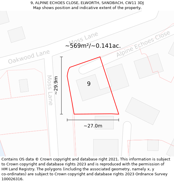 9, ALPINE ECHOES CLOSE, ELWORTH, SANDBACH, CW11 3DJ: Plot and title map