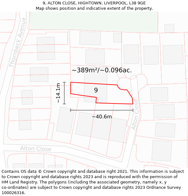 9, ALTON CLOSE, HIGHTOWN, LIVERPOOL, L38 9GE: Plot and title map