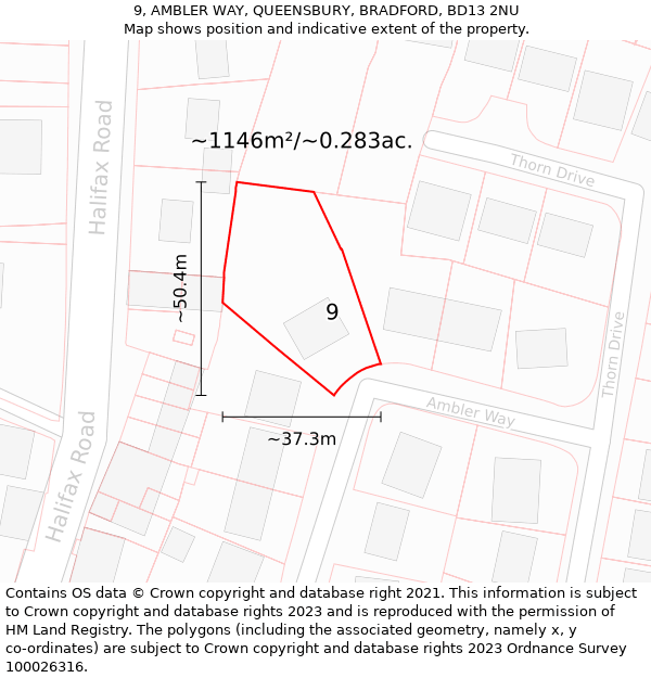 9, AMBLER WAY, QUEENSBURY, BRADFORD, BD13 2NU: Plot and title map