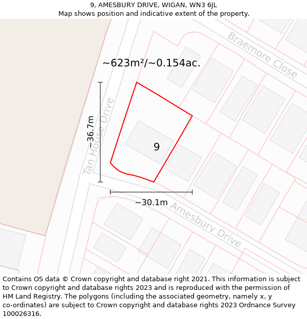 9, AMESBURY DRIVE, WIGAN, WN3 6JL: Plot and title map