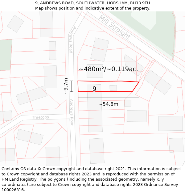 9, ANDREWS ROAD, SOUTHWATER, HORSHAM, RH13 9EU: Plot and title map