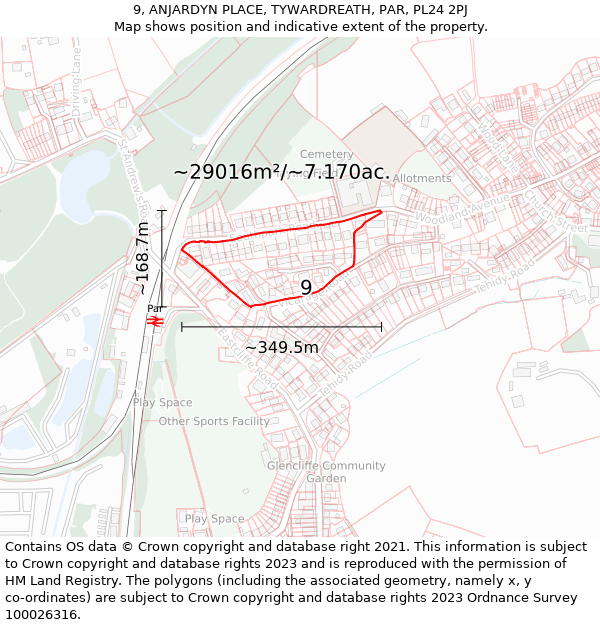 9, ANJARDYN PLACE, TYWARDREATH, PAR, PL24 2PJ: Plot and title map