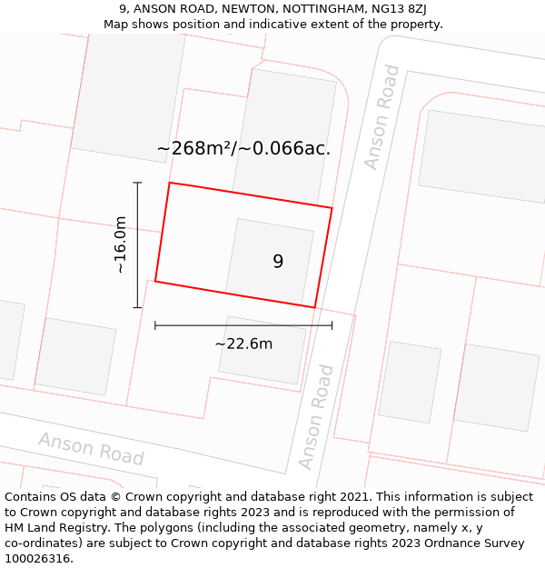 9, ANSON ROAD, NEWTON, NOTTINGHAM, NG13 8ZJ: Plot and title map