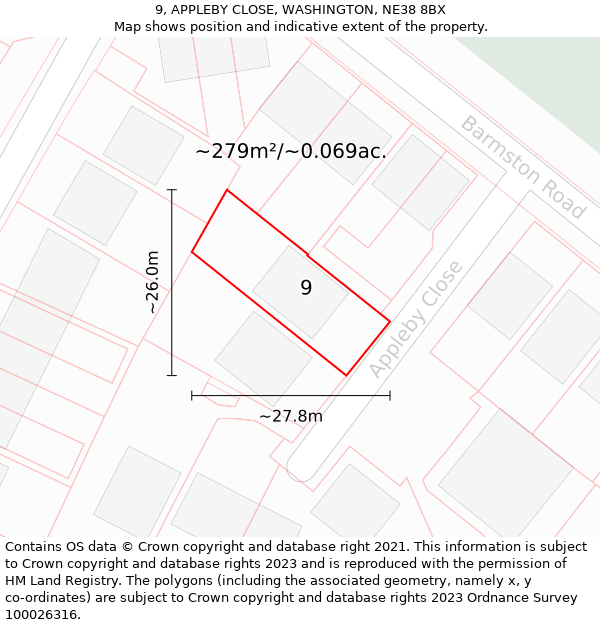 9, APPLEBY CLOSE, WASHINGTON, NE38 8BX: Plot and title map
