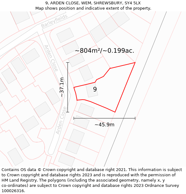 9, ARDEN CLOSE, WEM, SHREWSBURY, SY4 5LX: Plot and title map