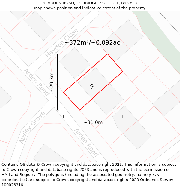 9, ARDEN ROAD, DORRIDGE, SOLIHULL, B93 8LR: Plot and title map