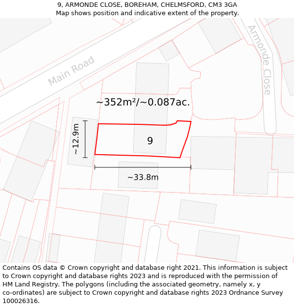 9, ARMONDE CLOSE, BOREHAM, CHELMSFORD, CM3 3GA: Plot and title map