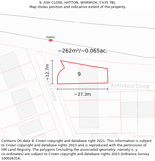 9, ASH CLOSE, HATTON, WARWICK, CV35 7BL: Plot and title map