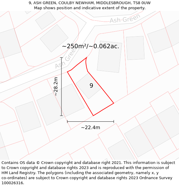 9, ASH GREEN, COULBY NEWHAM, MIDDLESBROUGH, TS8 0UW: Plot and title map