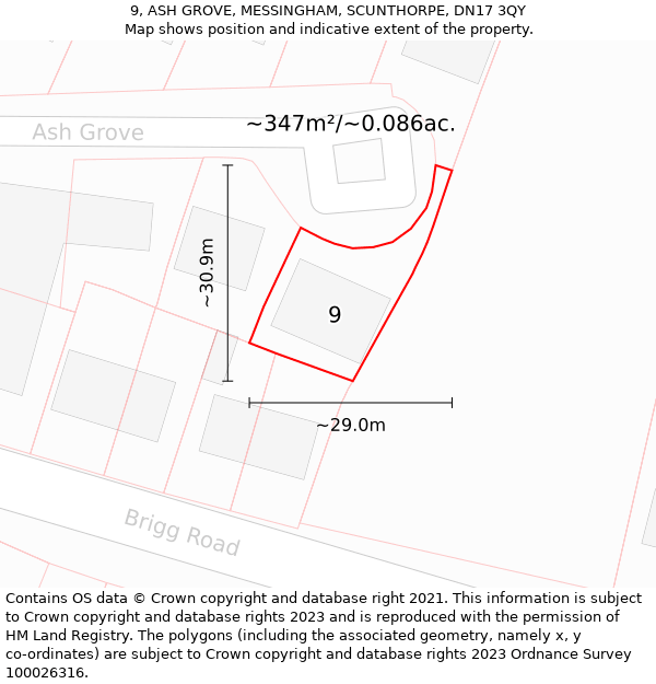 9, ASH GROVE, MESSINGHAM, SCUNTHORPE, DN17 3QY: Plot and title map