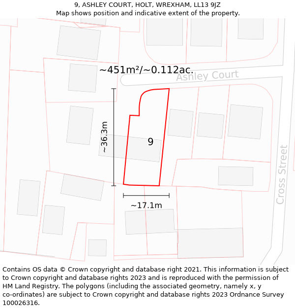 9, ASHLEY COURT, HOLT, WREXHAM, LL13 9JZ: Plot and title map