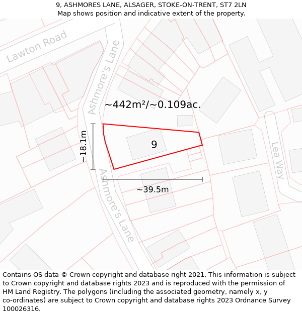 9, ASHMORES LANE, ALSAGER, STOKE-ON-TRENT, ST7 2LN: Plot and title map