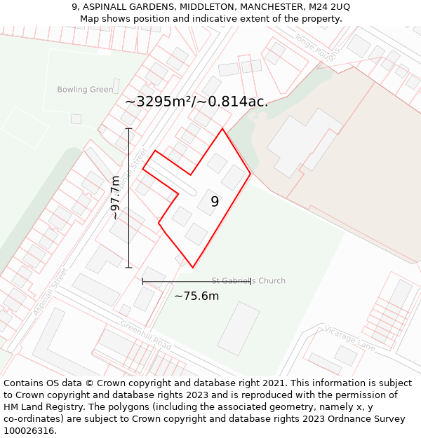 9, ASPINALL GARDENS, MIDDLETON, MANCHESTER, M24 2UQ: Plot and title map