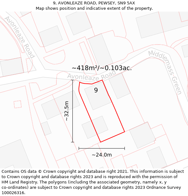 9, AVONLEAZE ROAD, PEWSEY, SN9 5AX: Plot and title map