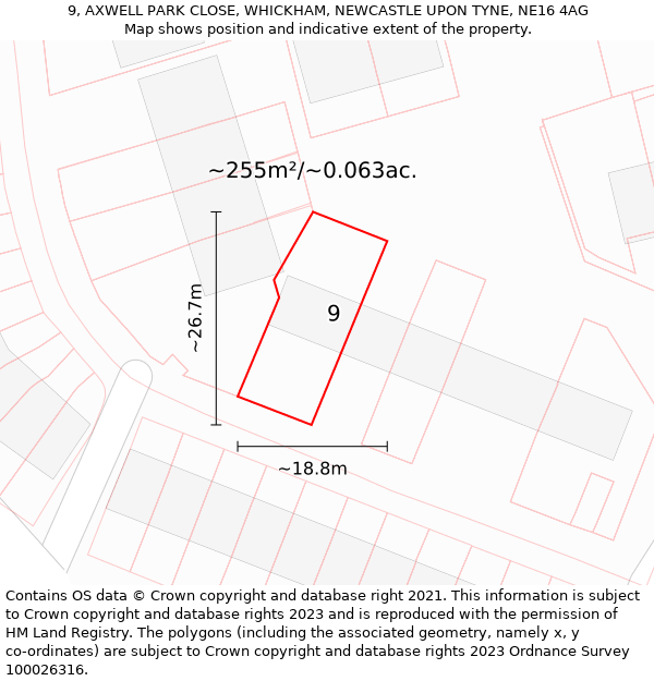 9, AXWELL PARK CLOSE, WHICKHAM, NEWCASTLE UPON TYNE, NE16 4AG: Plot and title map