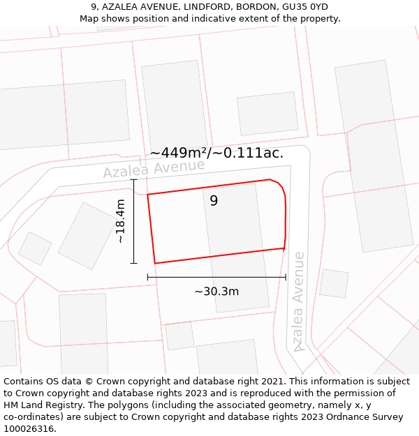 9, AZALEA AVENUE, LINDFORD, BORDON, GU35 0YD: Plot and title map