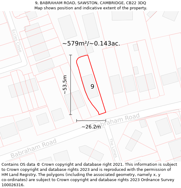 9, BABRAHAM ROAD, SAWSTON, CAMBRIDGE, CB22 3DQ: Plot and title map