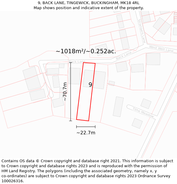 9, BACK LANE, TINGEWICK, BUCKINGHAM, MK18 4RL: Plot and title map