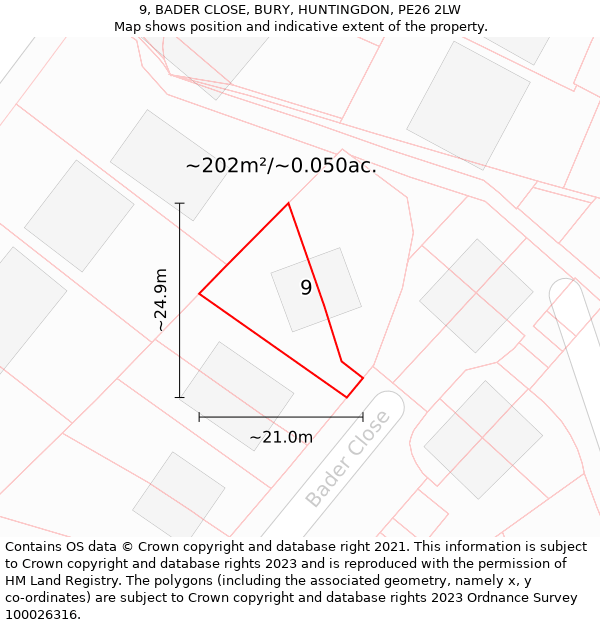 9, BADER CLOSE, BURY, HUNTINGDON, PE26 2LW: Plot and title map