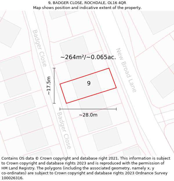 9, BADGER CLOSE, ROCHDALE, OL16 4QR: Plot and title map