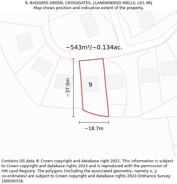 9, BADGERS GREEN, CROSSGATES, LLANDRINDOD WELLS, LD1 6RJ: Plot and title map