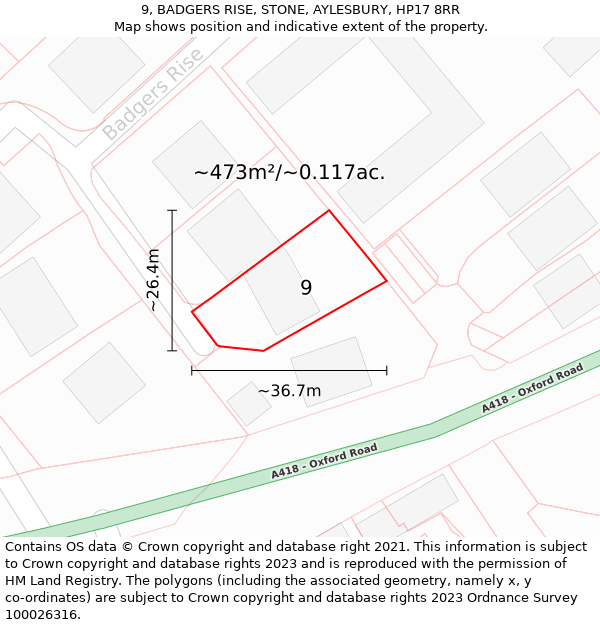 9, BADGERS RISE, STONE, AYLESBURY, HP17 8RR: Plot and title map