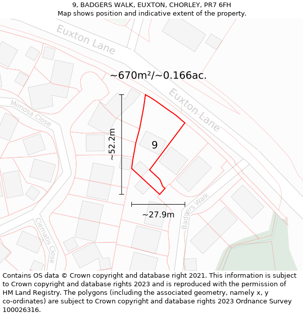 9, BADGERS WALK, EUXTON, CHORLEY, PR7 6FH: Plot and title map