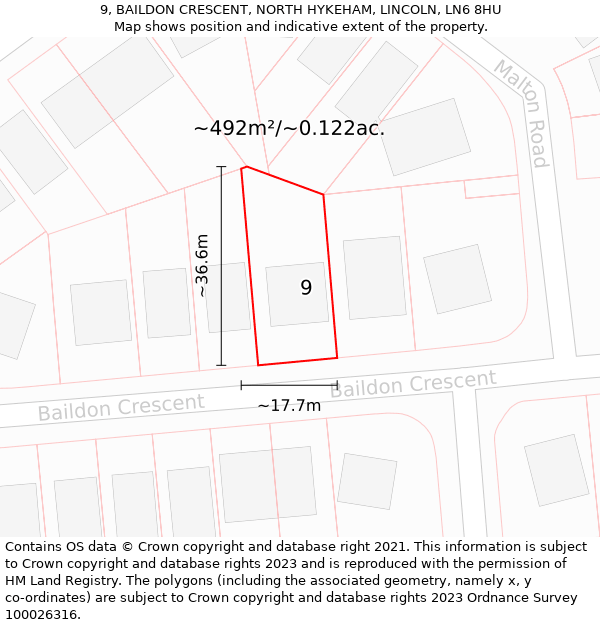 9, BAILDON CRESCENT, NORTH HYKEHAM, LINCOLN, LN6 8HU: Plot and title map