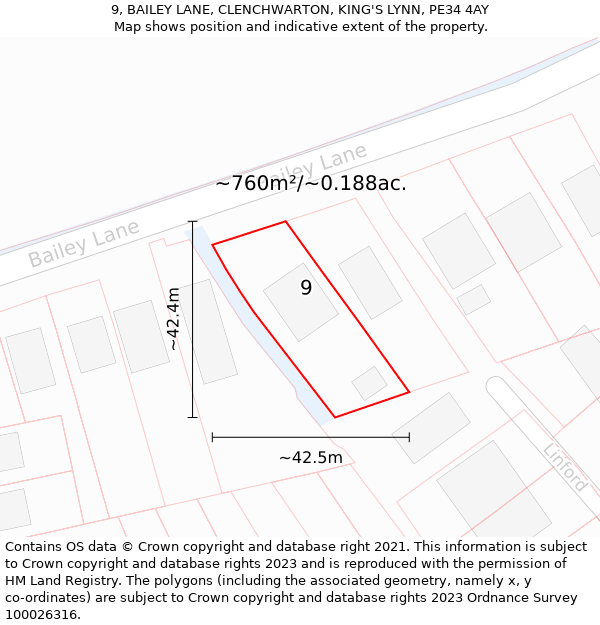 9, BAILEY LANE, CLENCHWARTON, KING'S LYNN, PE34 4AY: Plot and title map