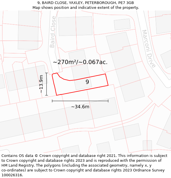 9, BAIRD CLOSE, YAXLEY, PETERBOROUGH, PE7 3GB: Plot and title map