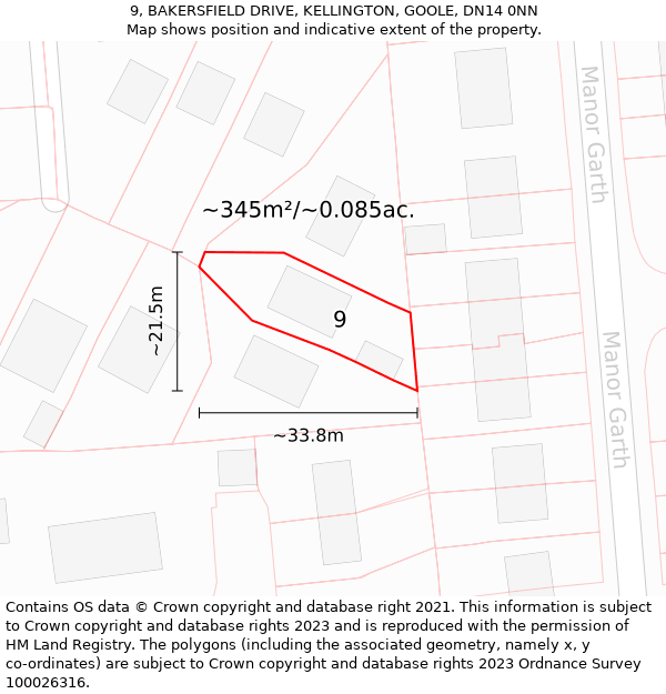 9, BAKERSFIELD DRIVE, KELLINGTON, GOOLE, DN14 0NN: Plot and title map