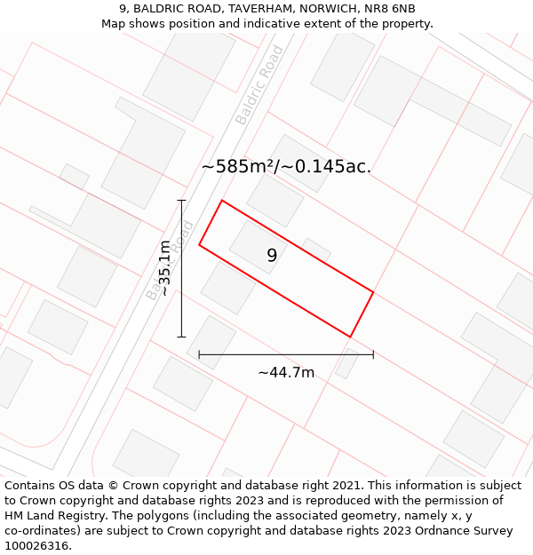 9, BALDRIC ROAD, TAVERHAM, NORWICH, NR8 6NB: Plot and title map