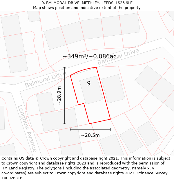 9, BALMORAL DRIVE, METHLEY, LEEDS, LS26 9LE: Plot and title map