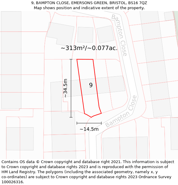 9, BAMPTON CLOSE, EMERSONS GREEN, BRISTOL, BS16 7QZ: Plot and title map