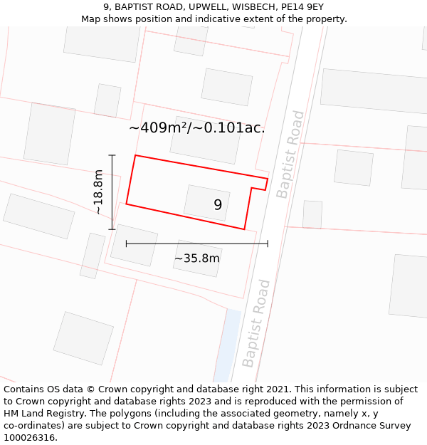 9, BAPTIST ROAD, UPWELL, WISBECH, PE14 9EY: Plot and title map