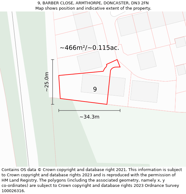 9, BARBER CLOSE, ARMTHORPE, DONCASTER, DN3 2FN: Plot and title map