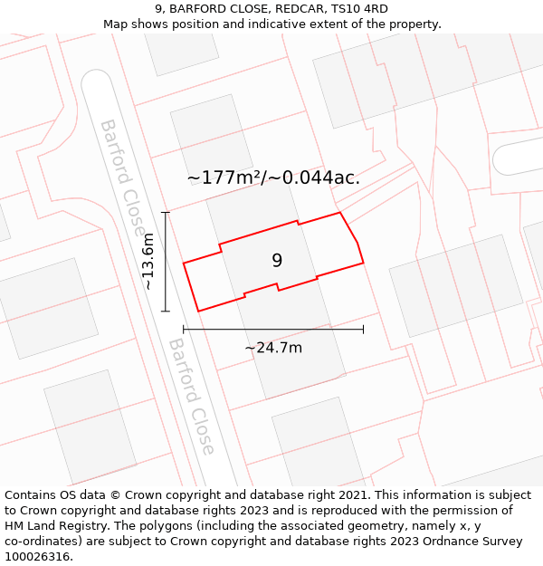 9, BARFORD CLOSE, REDCAR, TS10 4RD: Plot and title map