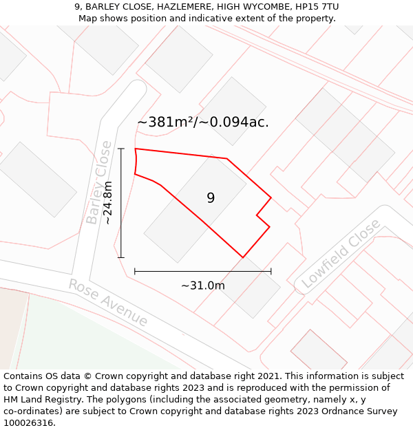 9, BARLEY CLOSE, HAZLEMERE, HIGH WYCOMBE, HP15 7TU: Plot and title map