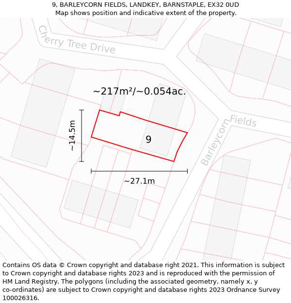 9, BARLEYCORN FIELDS, LANDKEY, BARNSTAPLE, EX32 0UD: Plot and title map